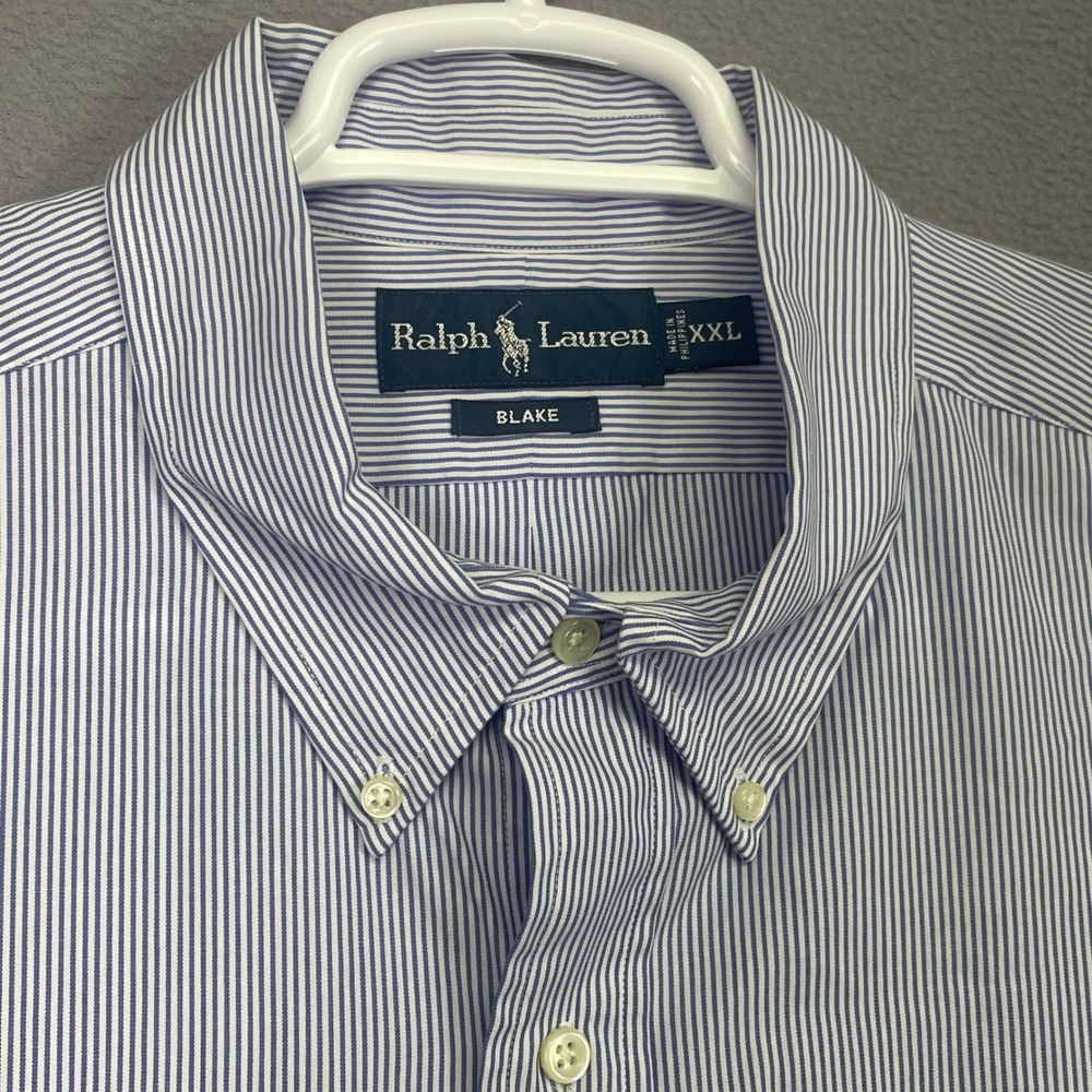 Ralph Lauren Shirt Mens XXL Blue Blake Button Up Stripe Cotton Long Hole In Back